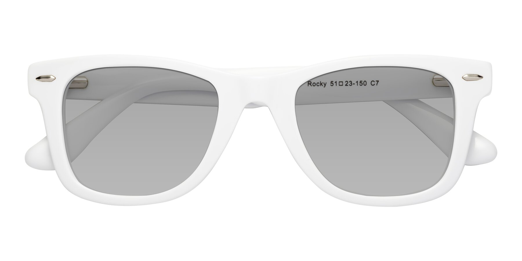 Folded Front of Rocky in White with Light Gray Tinted Lenses