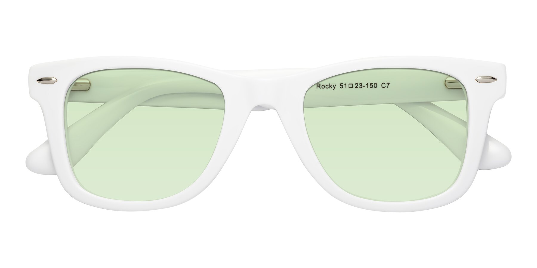 Folded Front of Rocky in White with Light Green Tinted Lenses