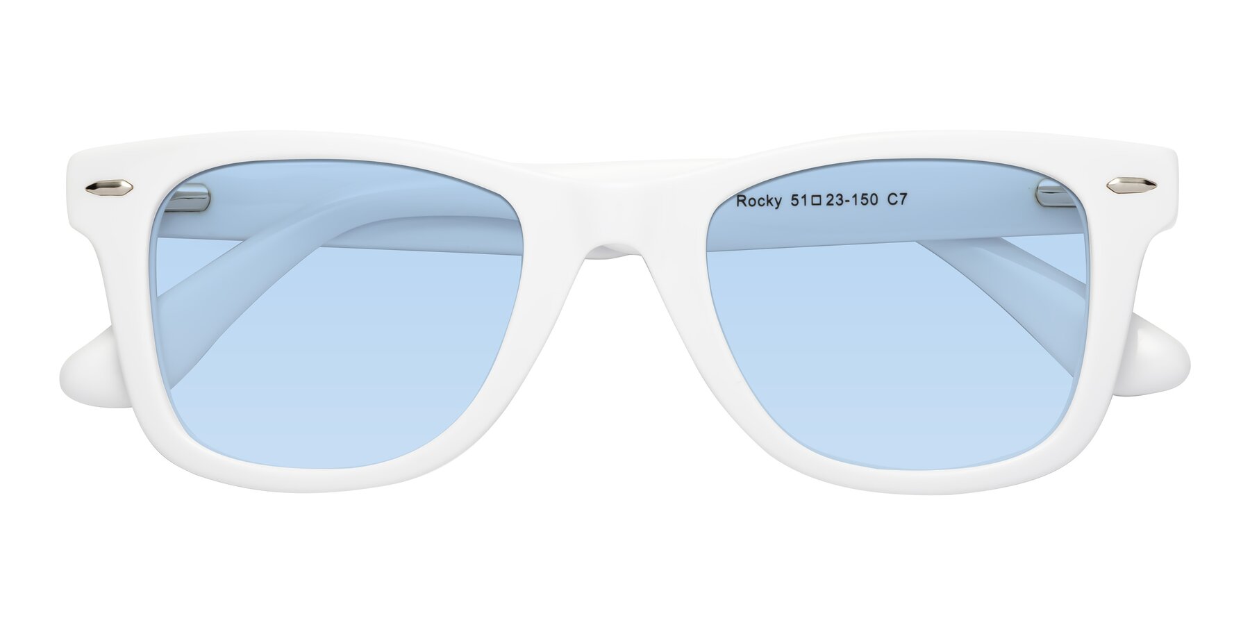 Folded Front of Rocky in White with Light Blue Tinted Lenses