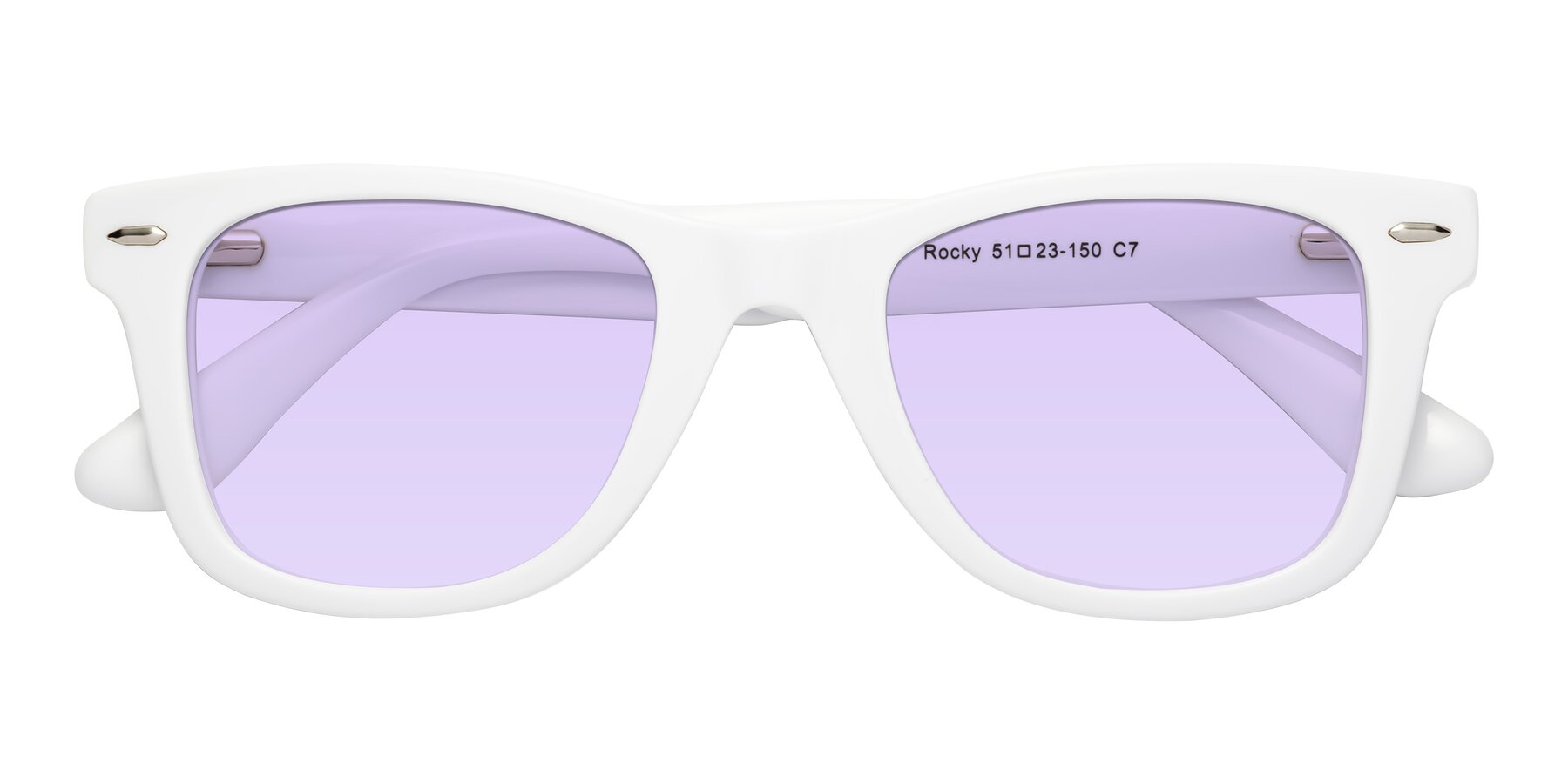 Folded Front of Rocky in White with Light Purple Tinted Lenses