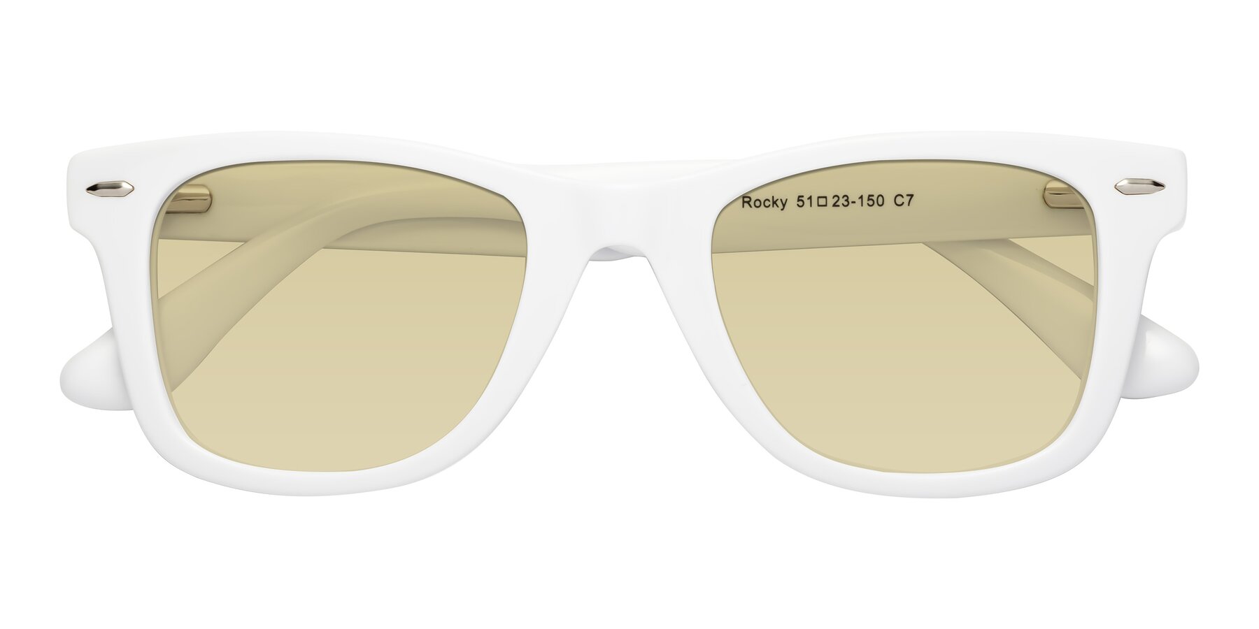 Folded Front of Rocky in White with Light Champagne Tinted Lenses