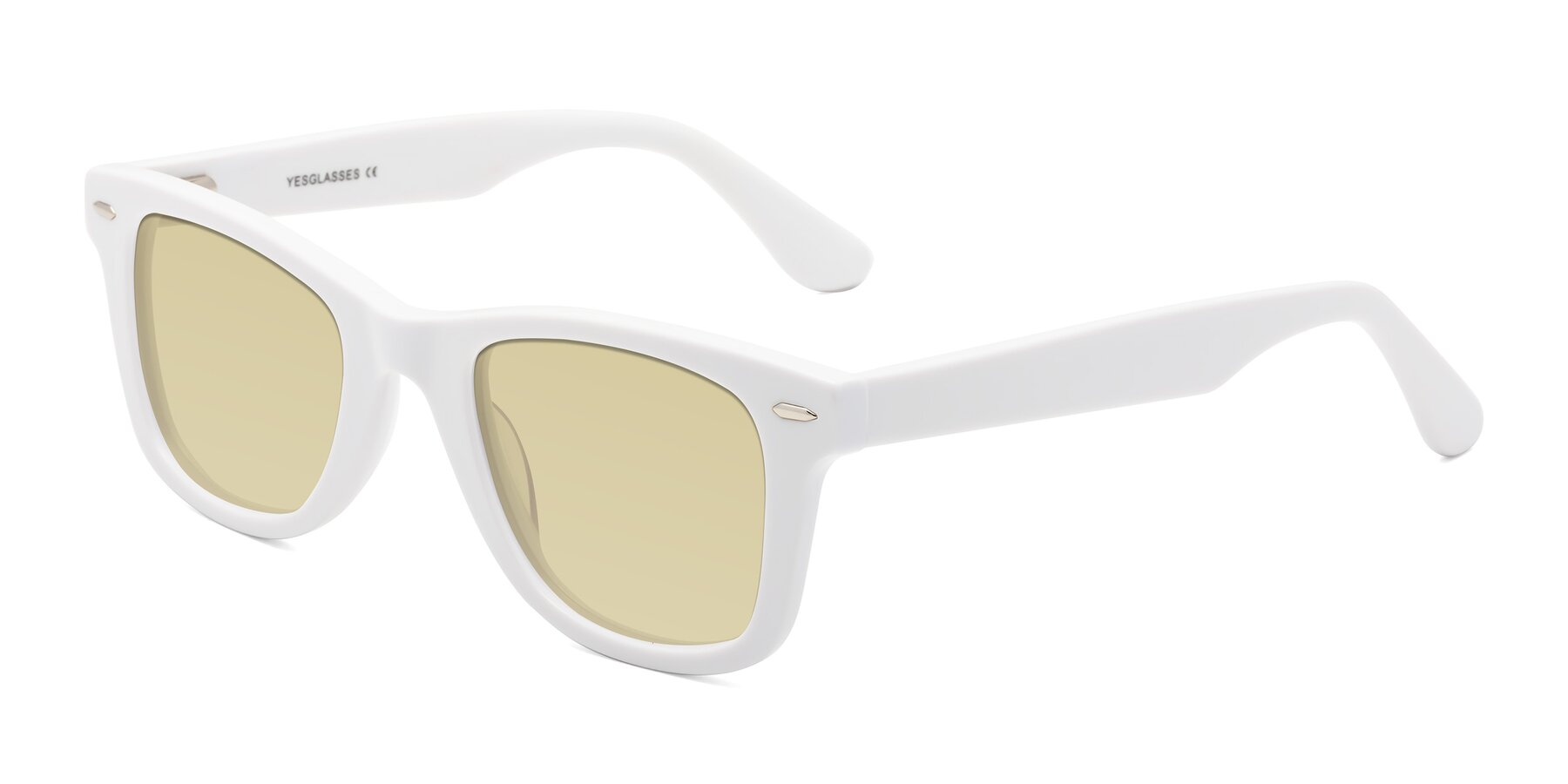 Angle of Rocky in White with Light Champagne Tinted Lenses