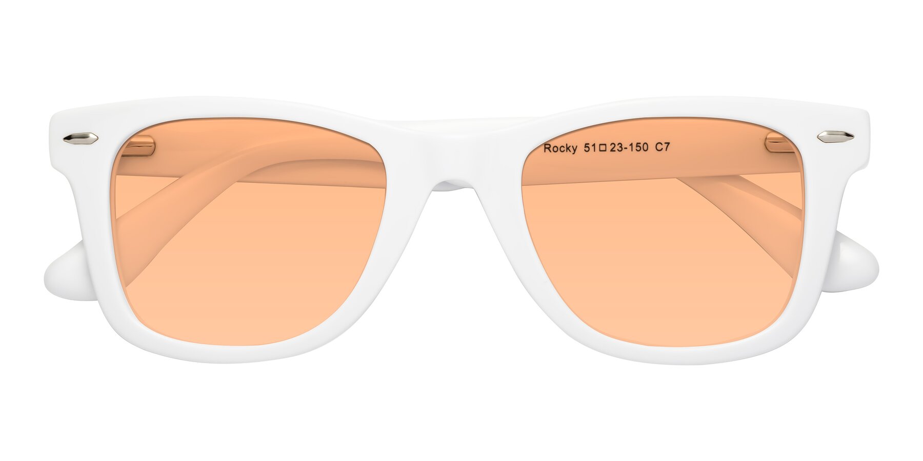 Folded Front of Rocky in White with Light Orange Tinted Lenses