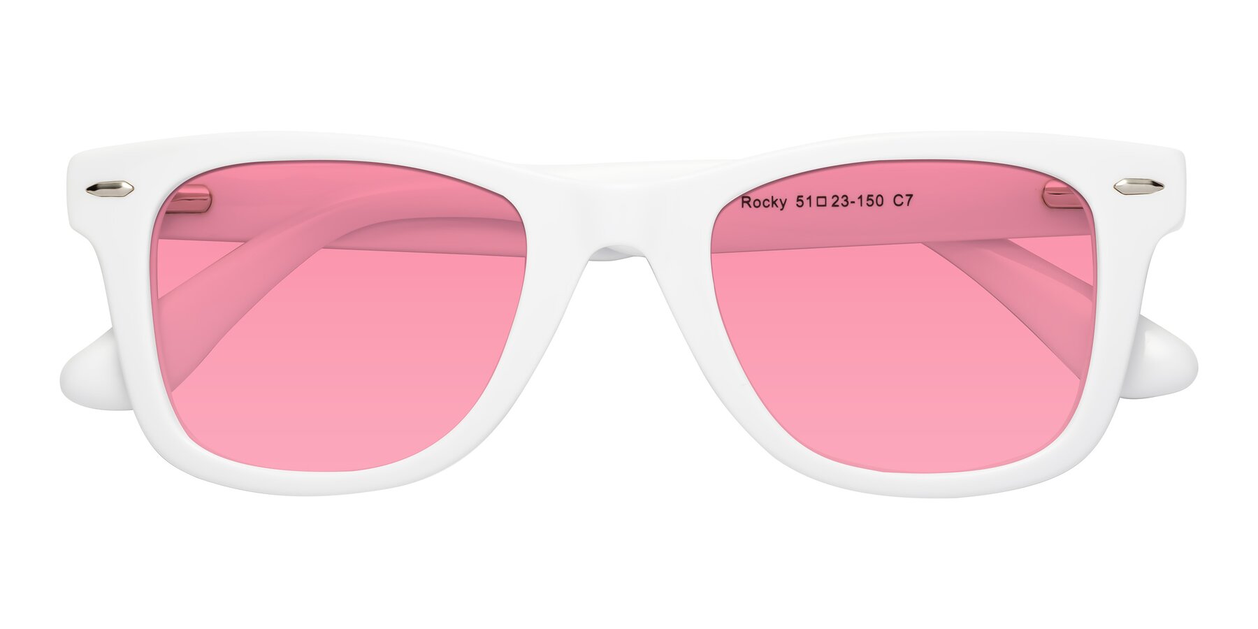 Folded Front of Rocky in White with Pink Tinted Lenses