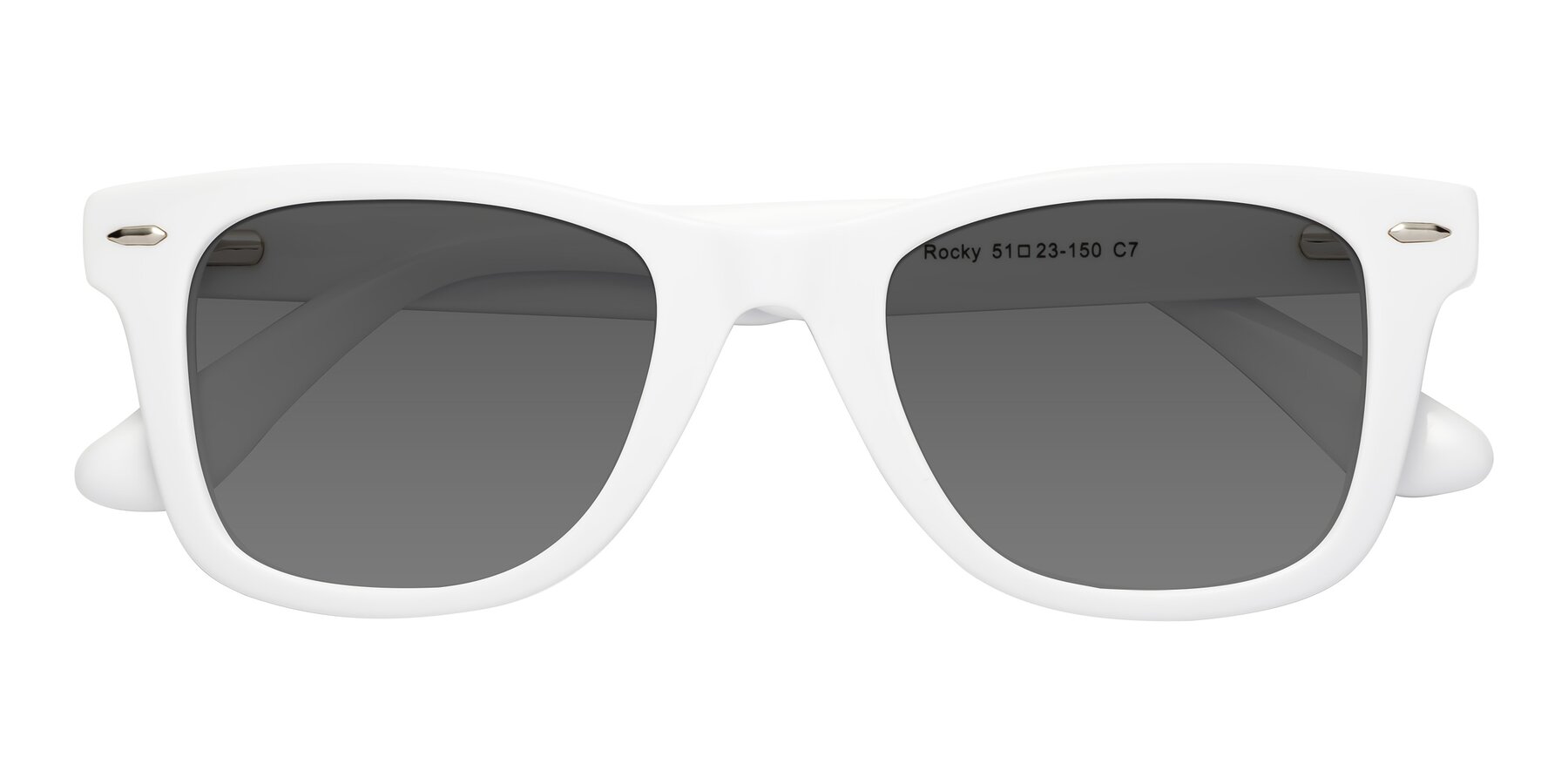 Folded Front of Rocky in White with Medium Gray Tinted Lenses