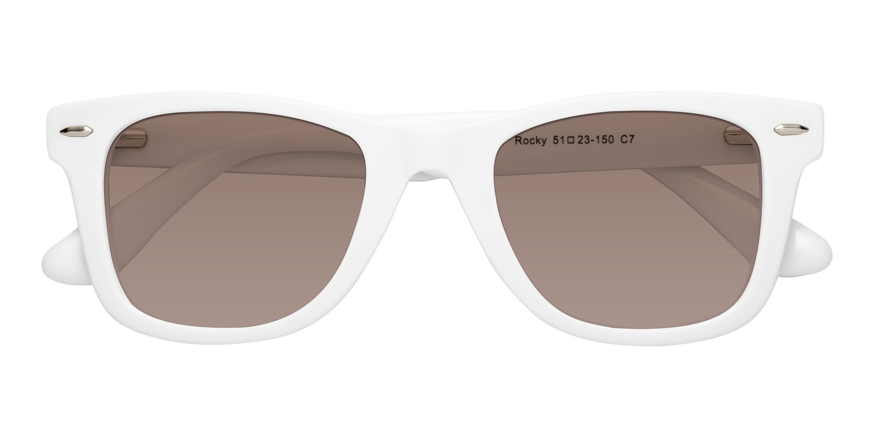 Folded Front of Rocky in White with Medium Brown Tinted Lenses
