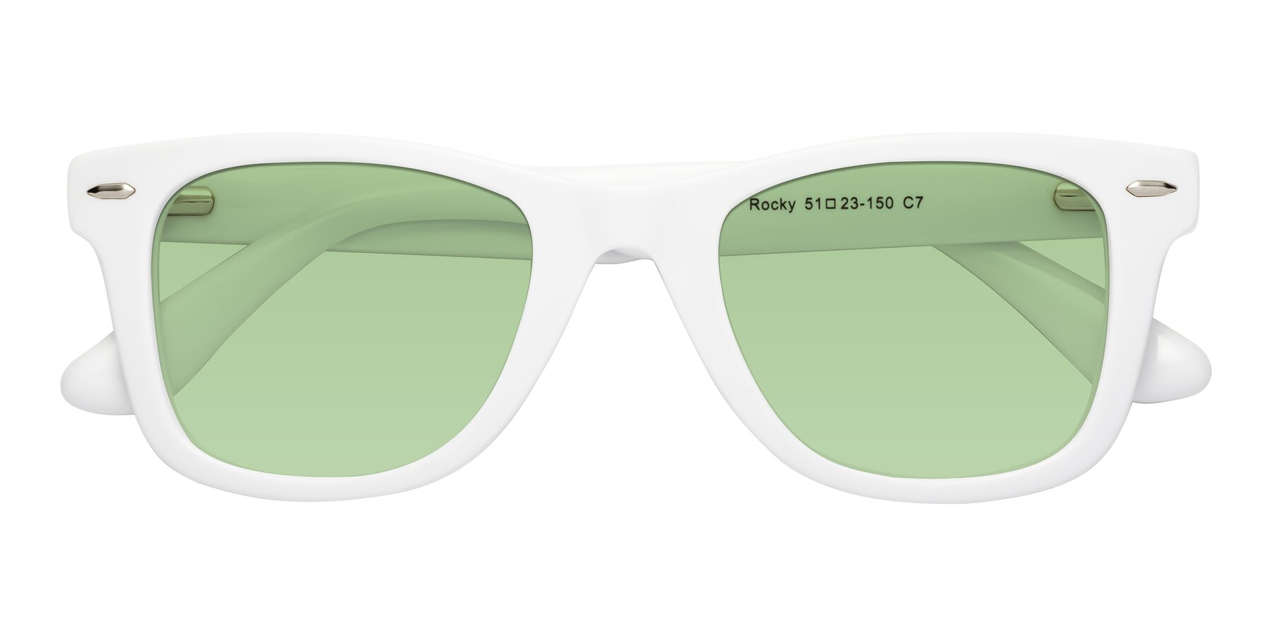 Folded Front of Rocky in White with Medium Green Tinted Lenses