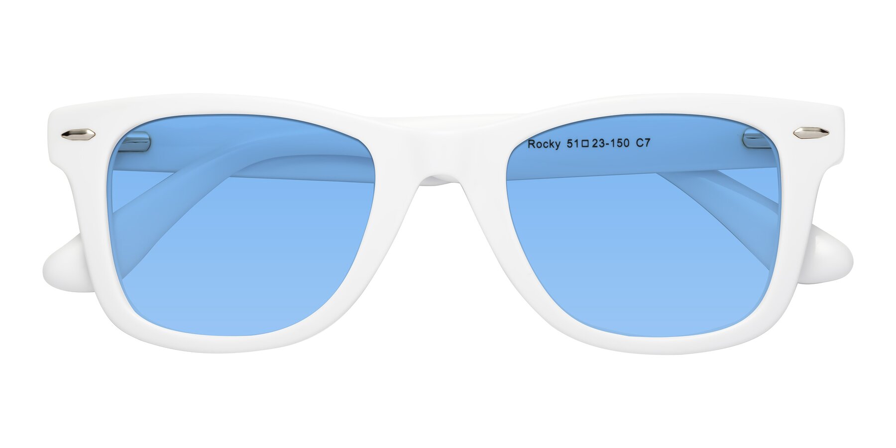 Folded Front of Rocky in White with Medium Blue Tinted Lenses