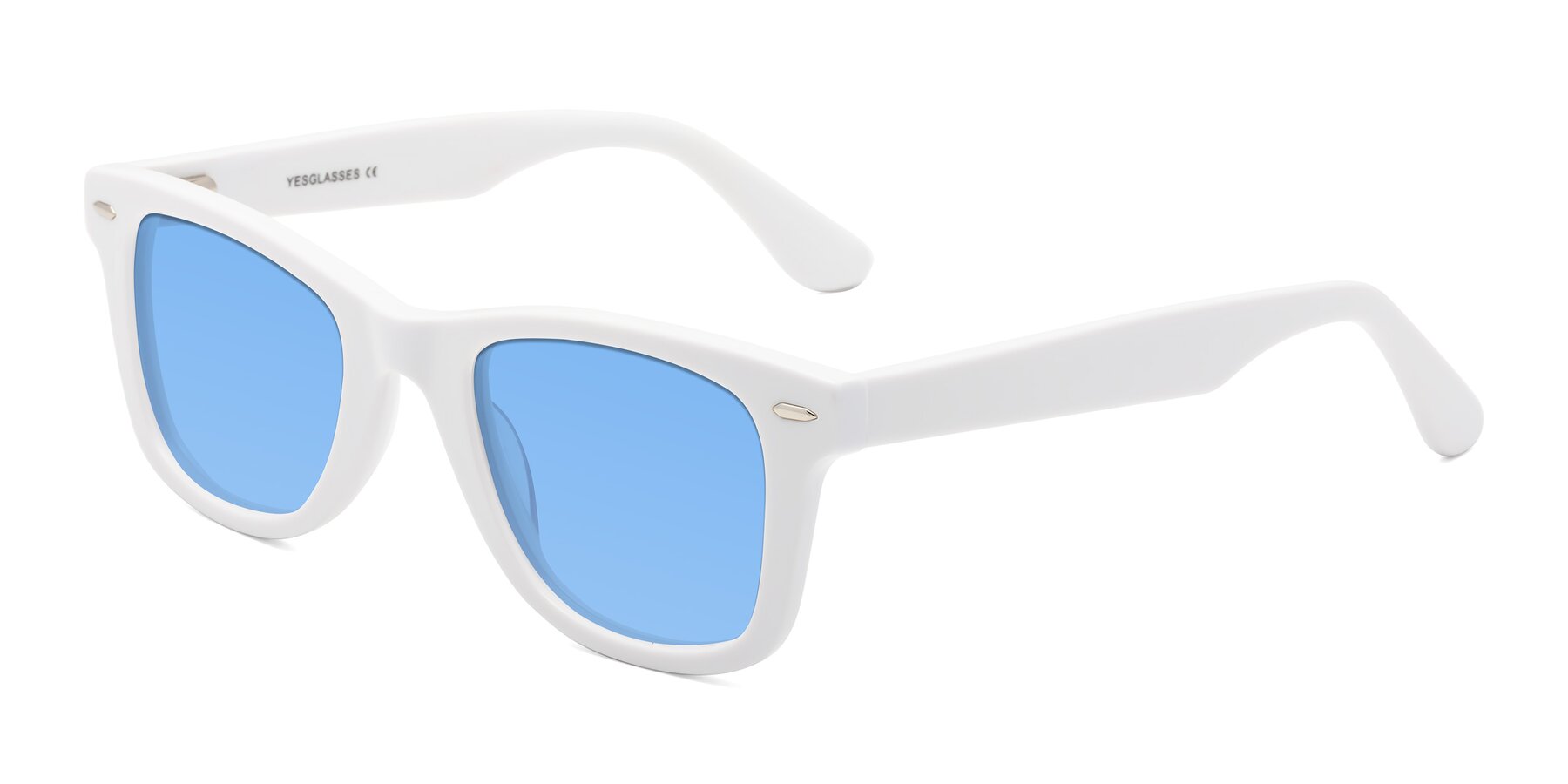 Angle of Rocky in White with Medium Blue Tinted Lenses