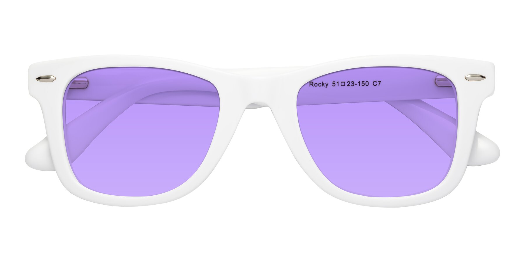 Folded Front of Rocky in White with Medium Purple Tinted Lenses