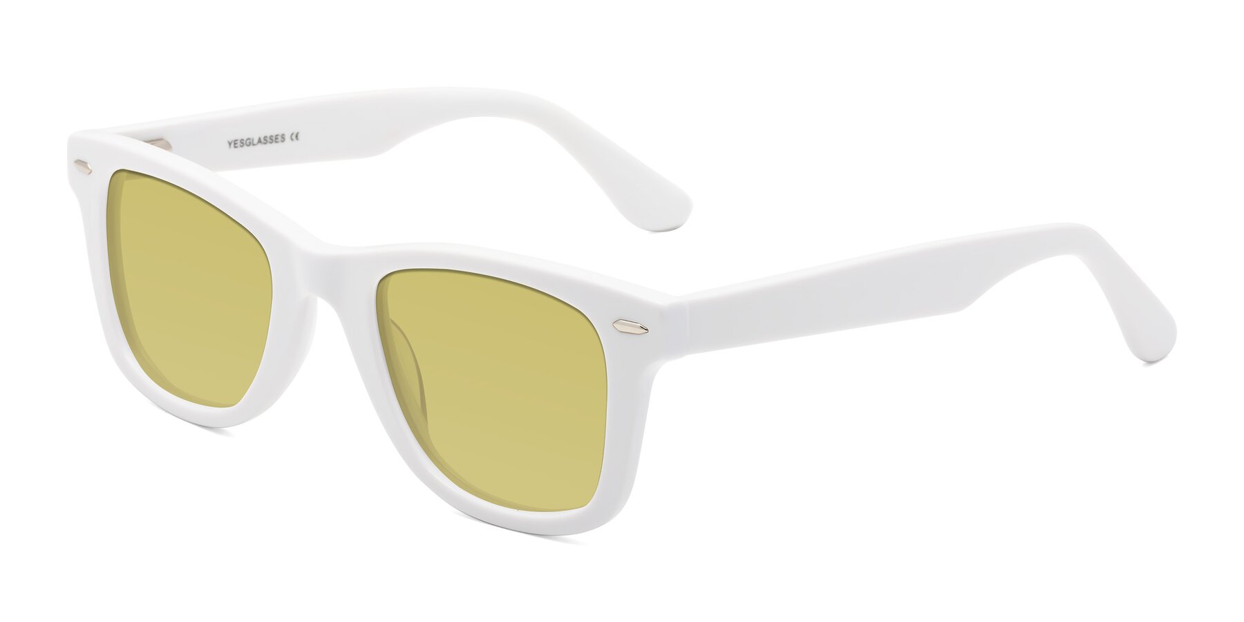 Angle of Rocky in White with Medium Champagne Tinted Lenses