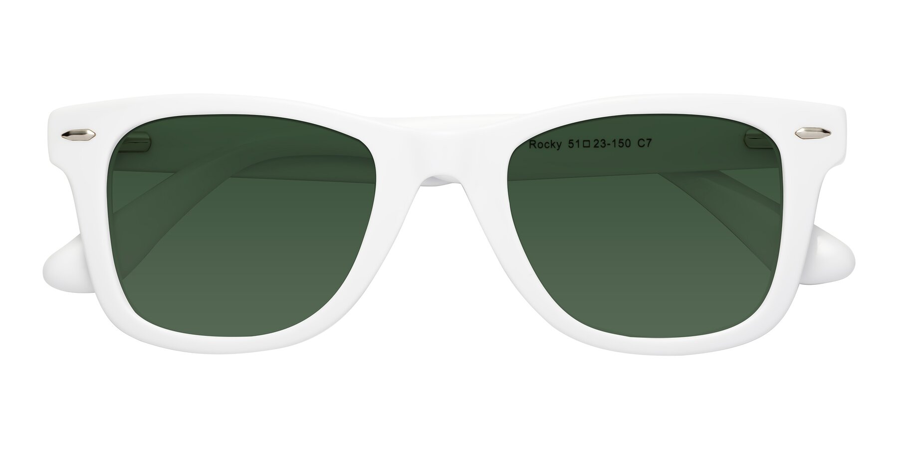 Folded Front of Rocky in White with Green Tinted Lenses