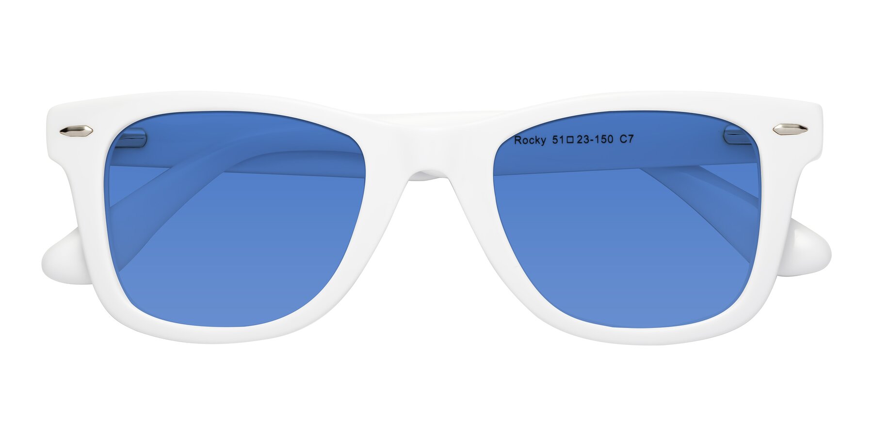 Folded Front of Rocky in White with Blue Tinted Lenses