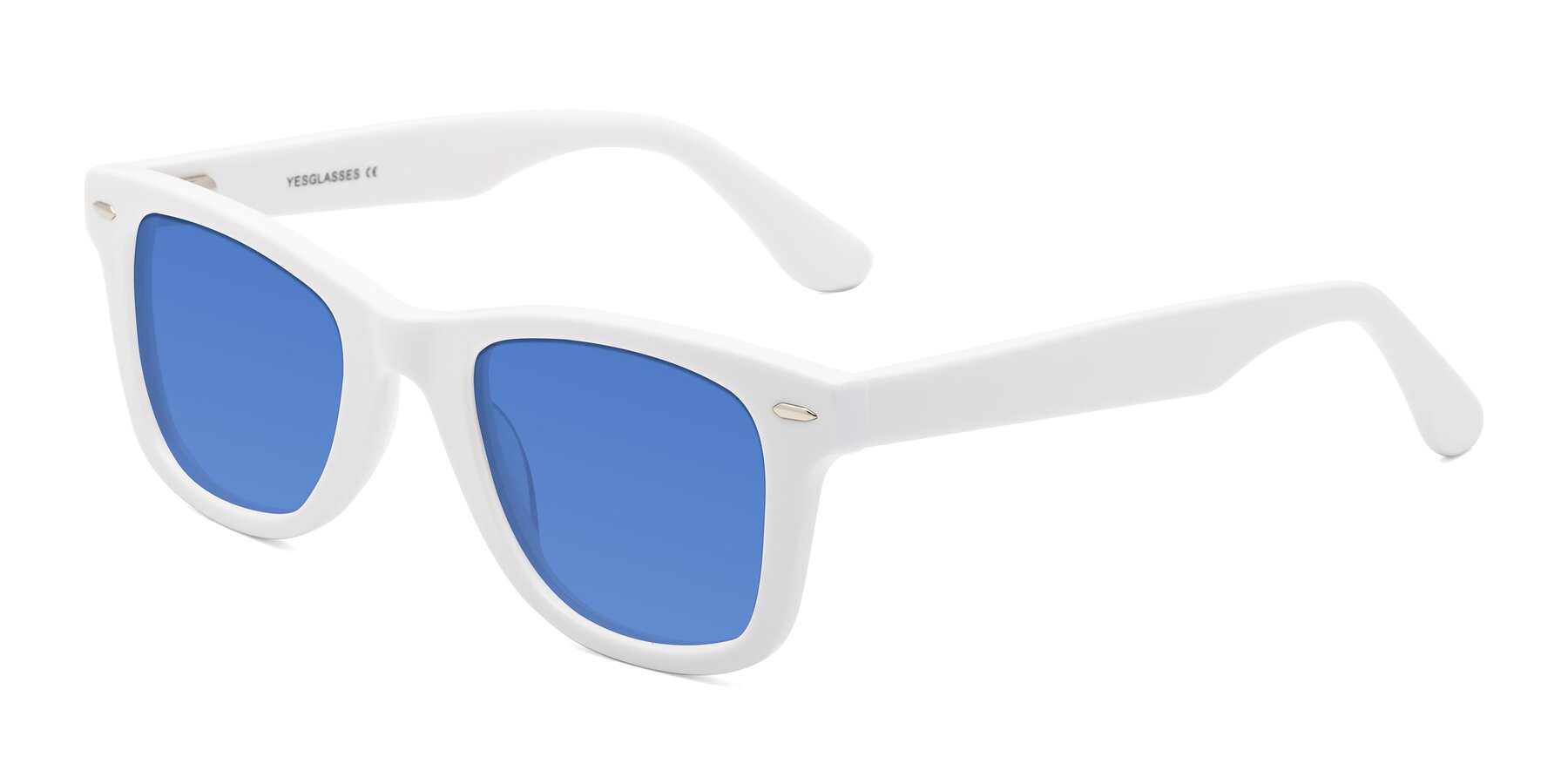 Angle of Rocky in White with Blue Tinted Lenses