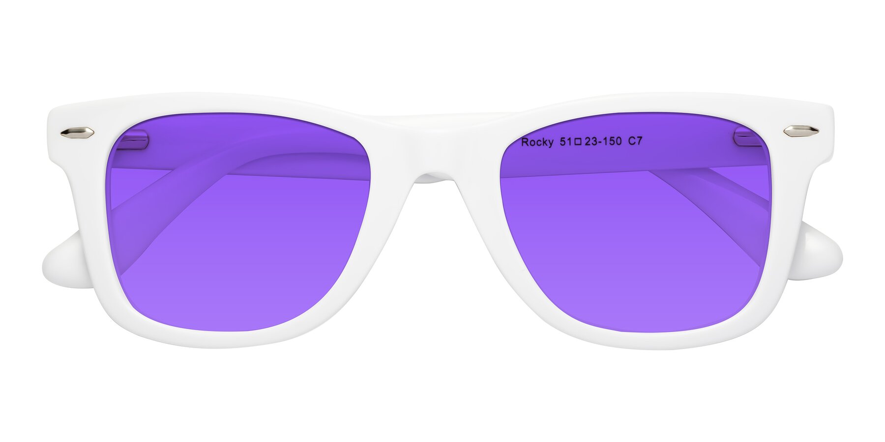 Folded Front of Rocky in White with Purple Tinted Lenses