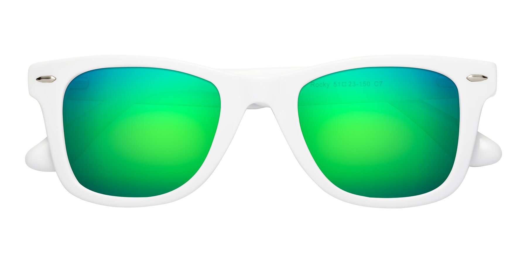 Folded Front of Rocky in White with Green Mirrored Lenses