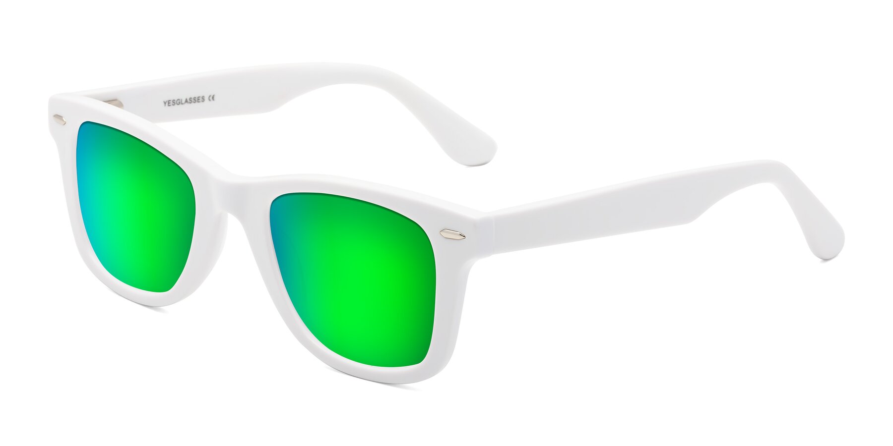 Angle of Rocky in White with Green Mirrored Lenses