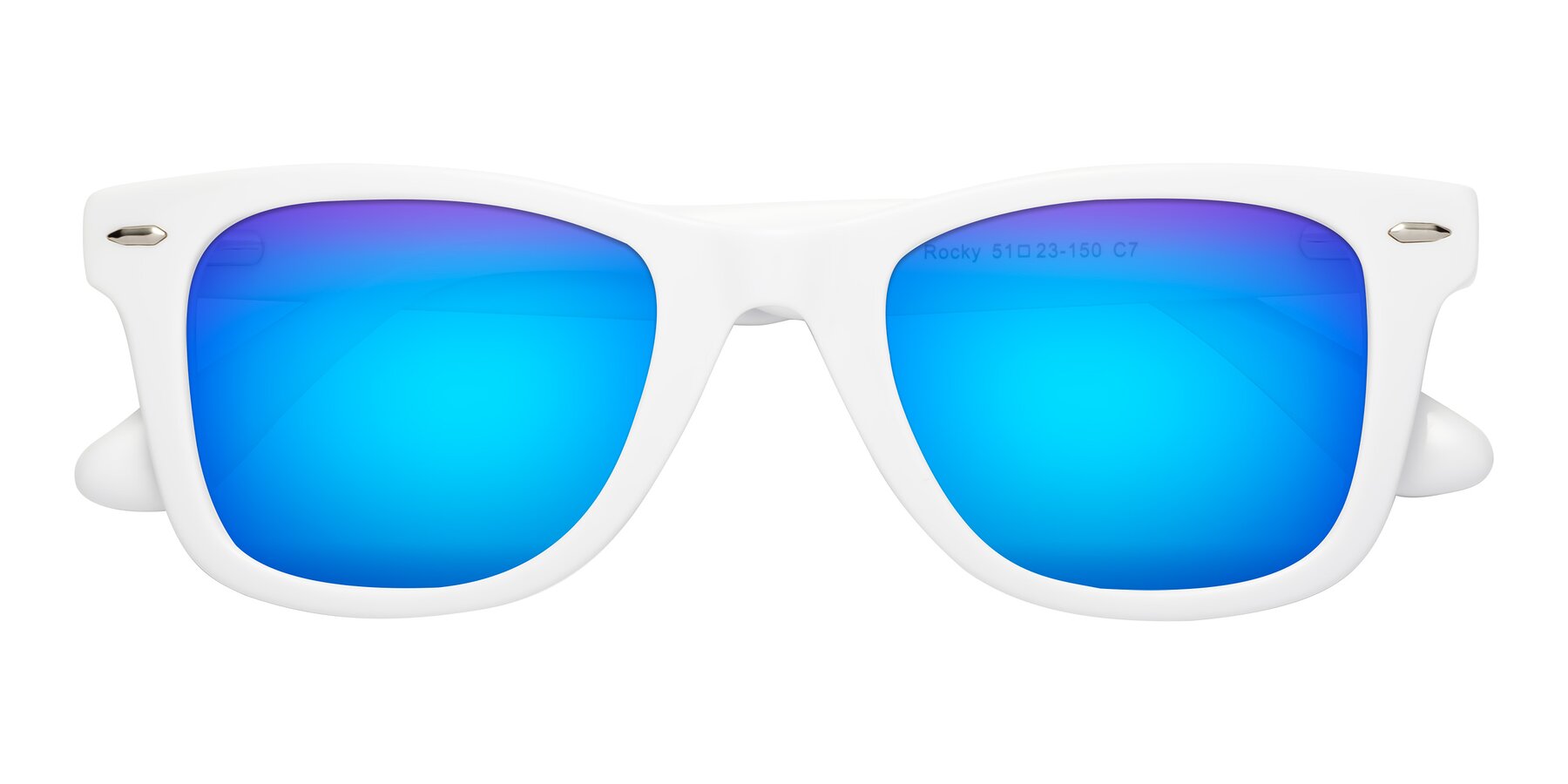 Folded Front of Rocky in White with Blue Mirrored Lenses