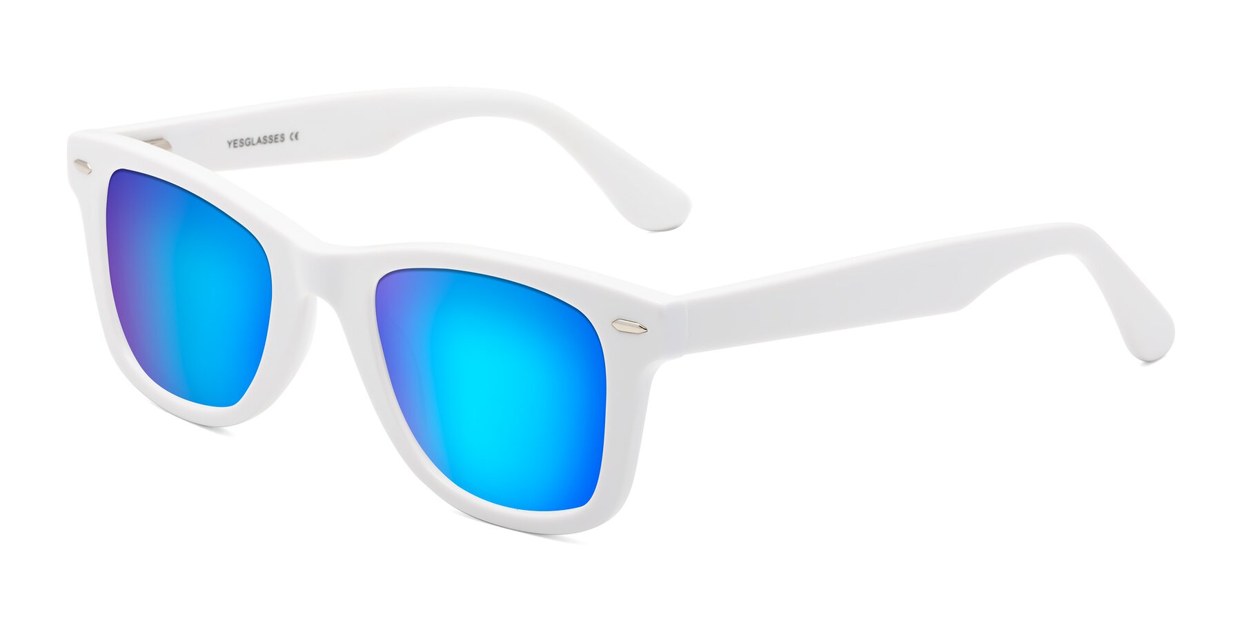 Angle of Rocky in White with Blue Mirrored Lenses