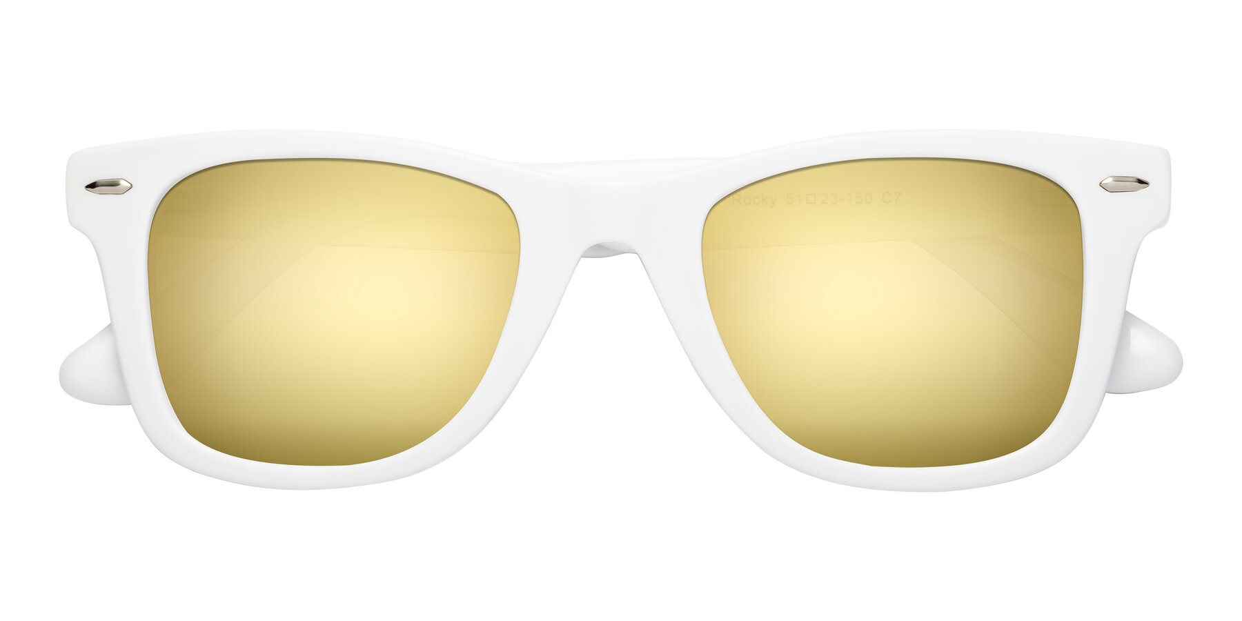 Folded Front of Rocky in White with Gold Mirrored Lenses