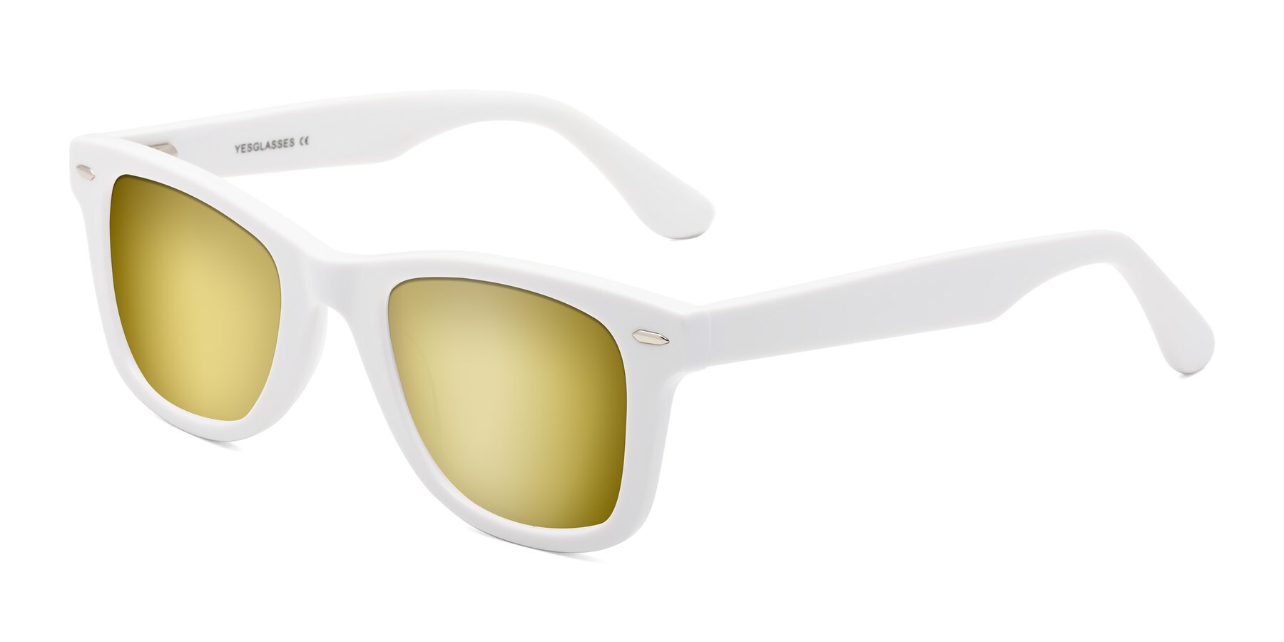 Angle of Rocky in White with Gold Mirrored Lenses