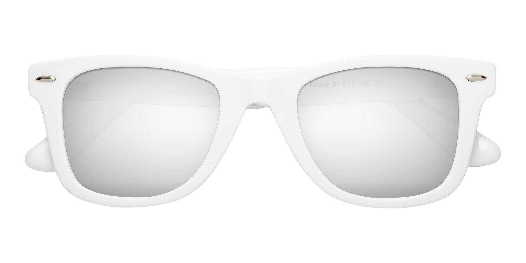 Folded Front of Rocky in White with Silver Mirrored Lenses