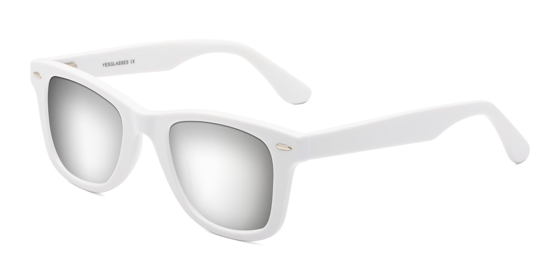 Angle of Rocky in White with Silver Mirrored Lenses