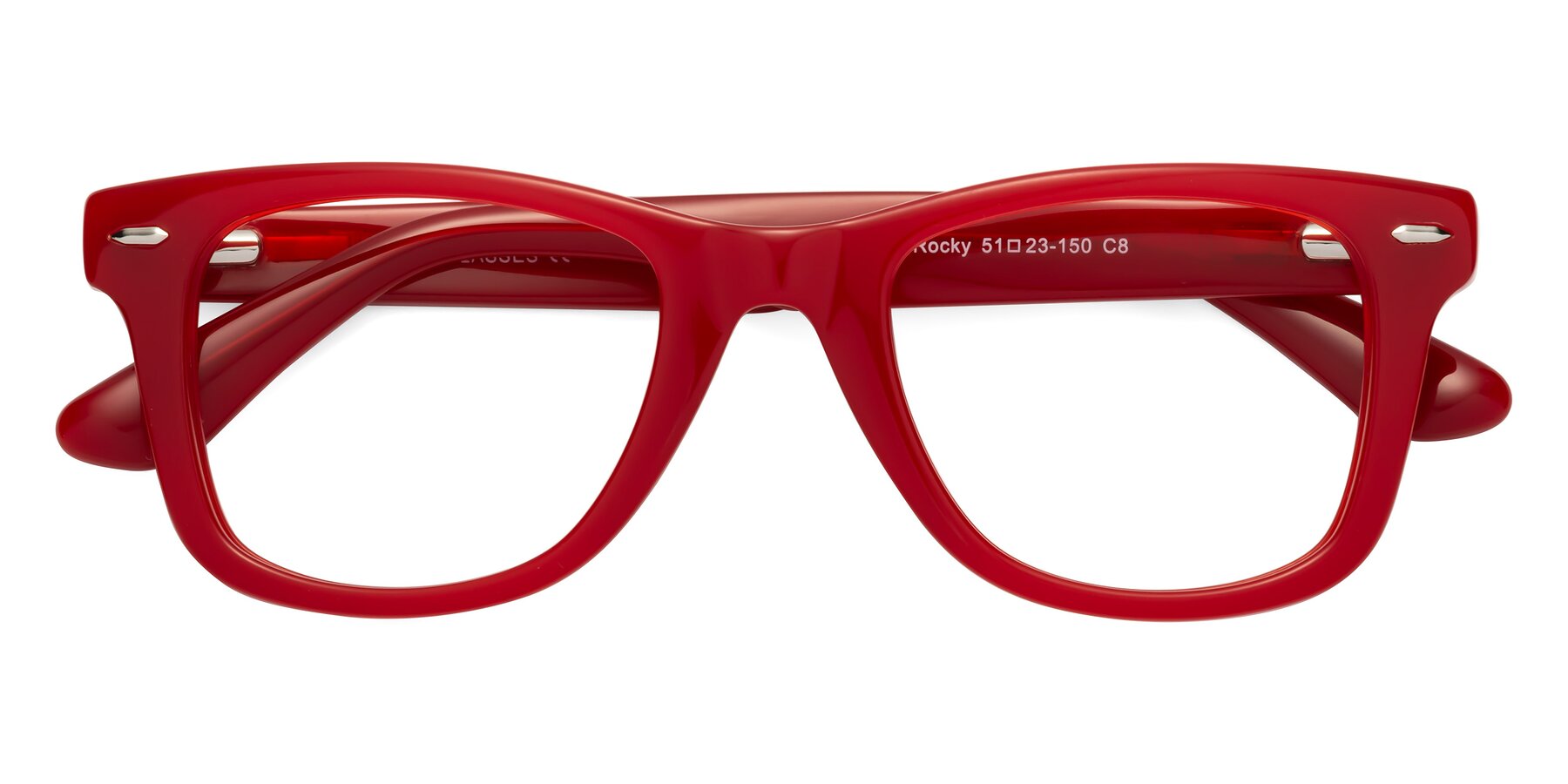 Folded Front of Rocky in Red with Clear Blue Light Blocking Lenses