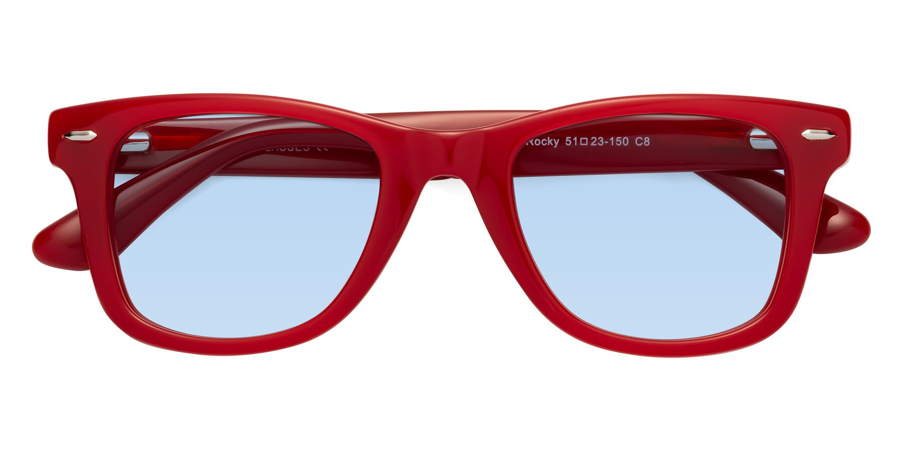 Folded Front of Rocky in Red with Light Blue Tinted Lenses