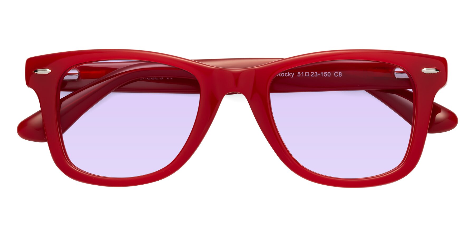 Folded Front of Rocky in Red with Light Purple Tinted Lenses