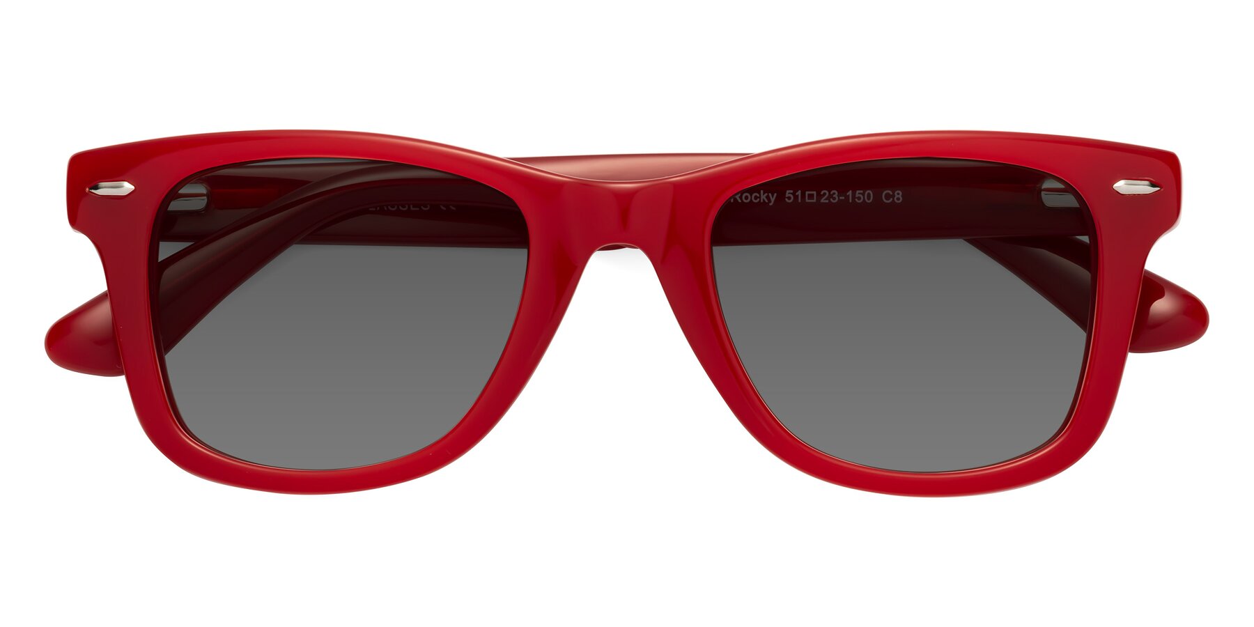 Folded Front of Rocky in Red with Medium Gray Tinted Lenses