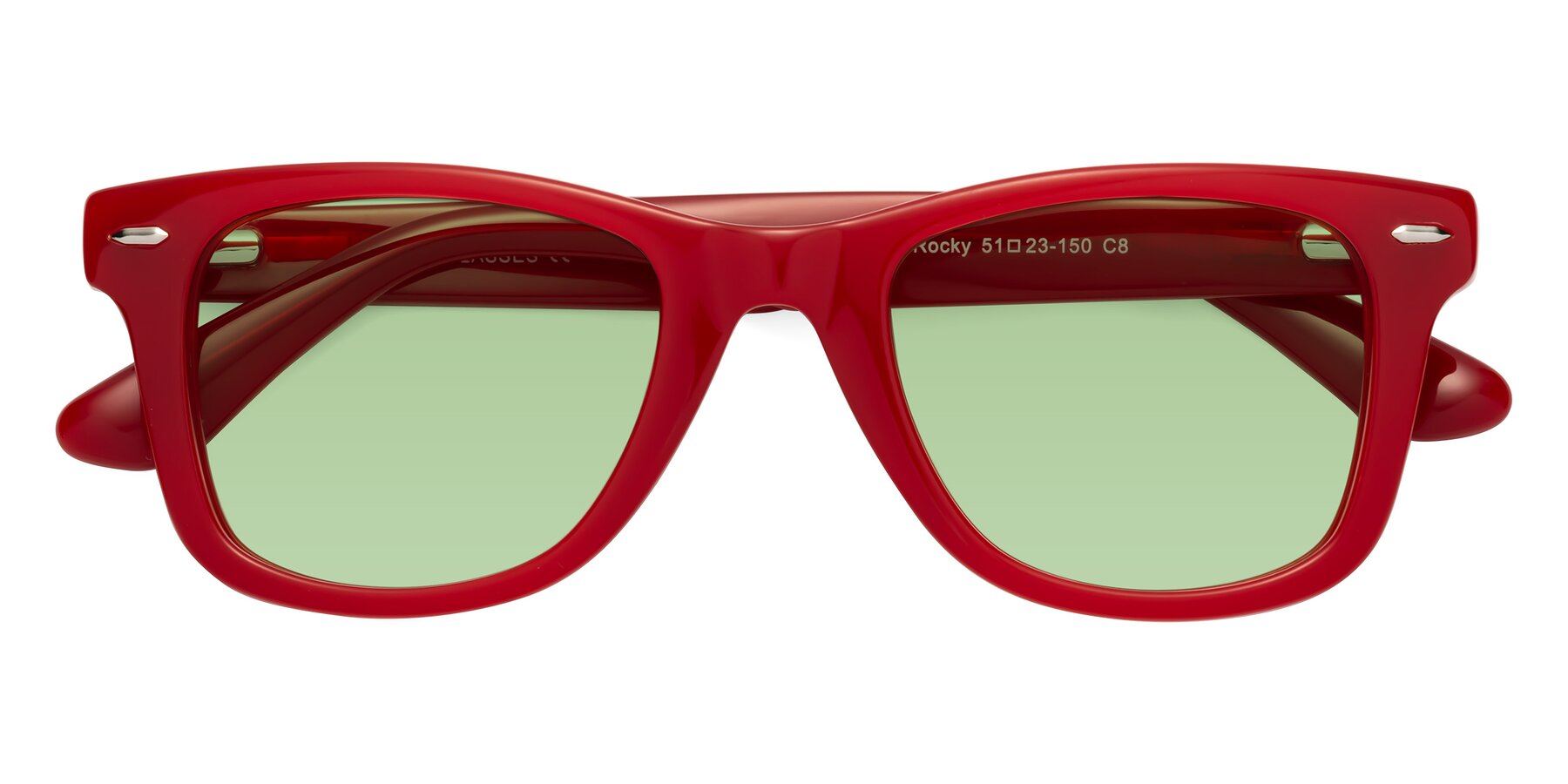 Folded Front of Rocky in Red with Medium Green Tinted Lenses