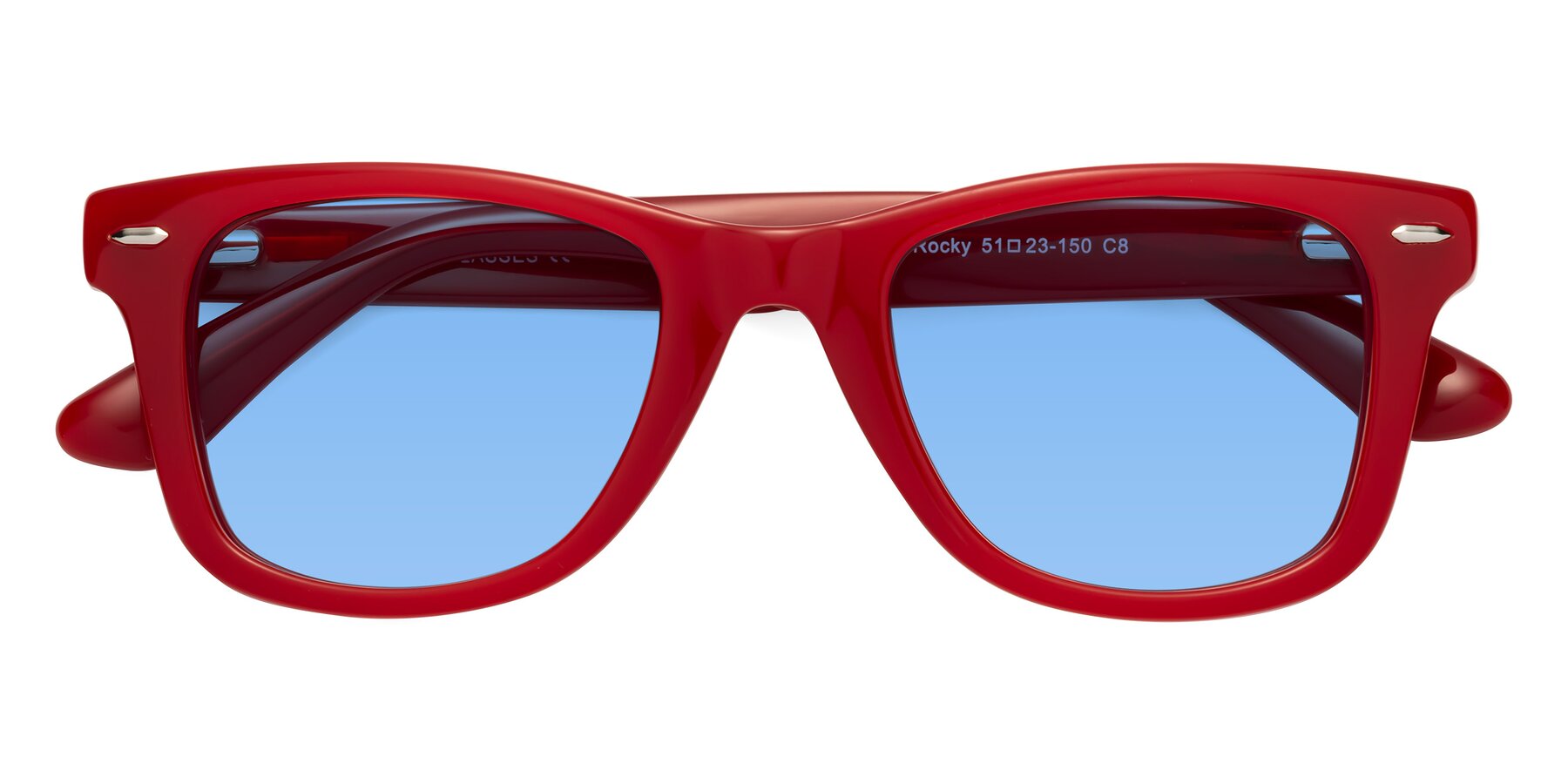 Folded Front of Rocky in Red with Medium Blue Tinted Lenses
