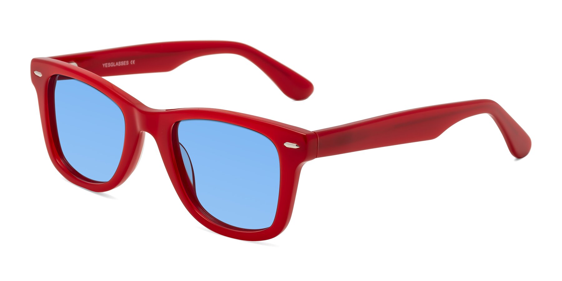 Angle of Rocky in Red with Medium Blue Tinted Lenses