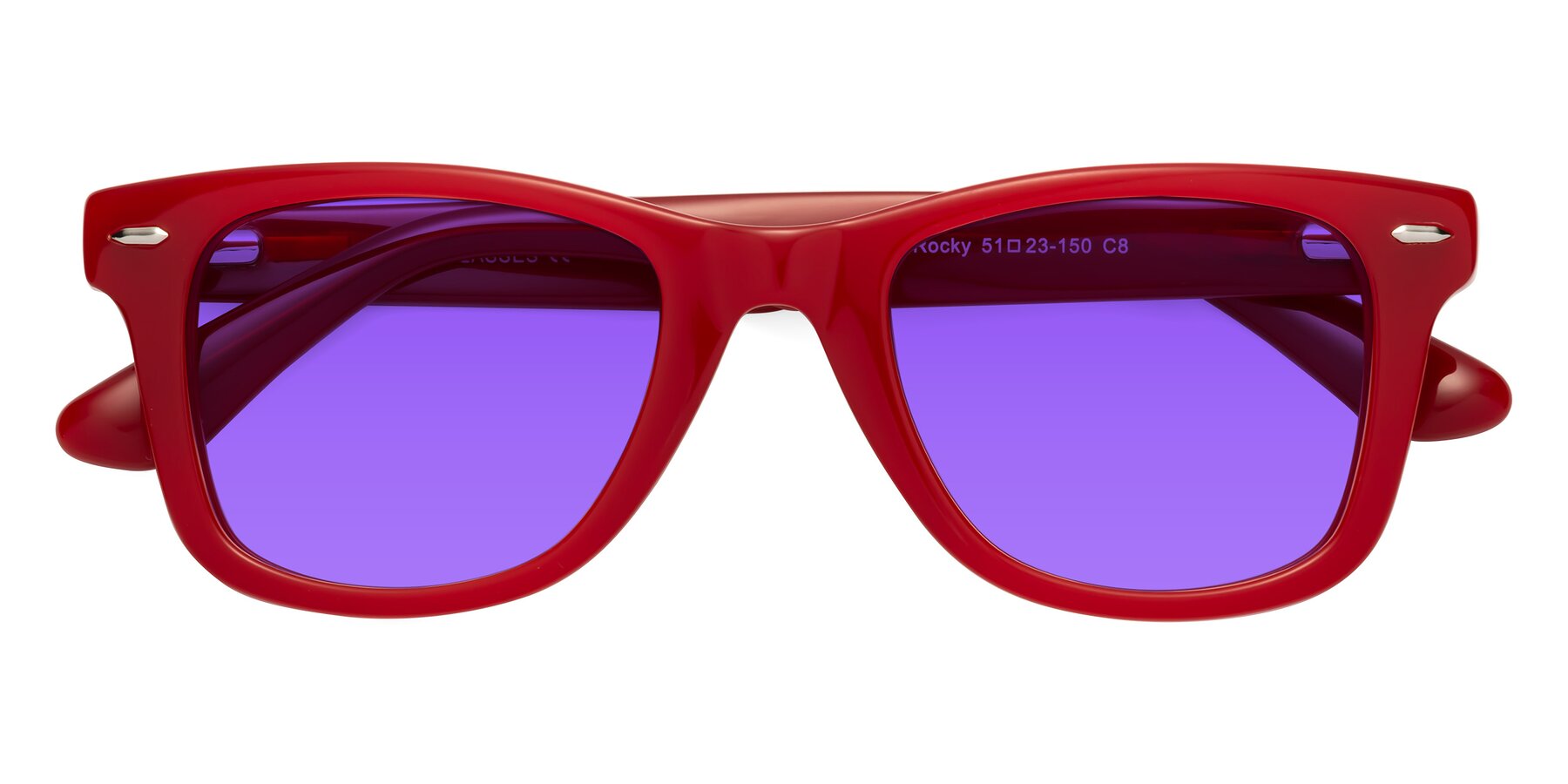 Folded Front of Rocky in Red with Purple Tinted Lenses