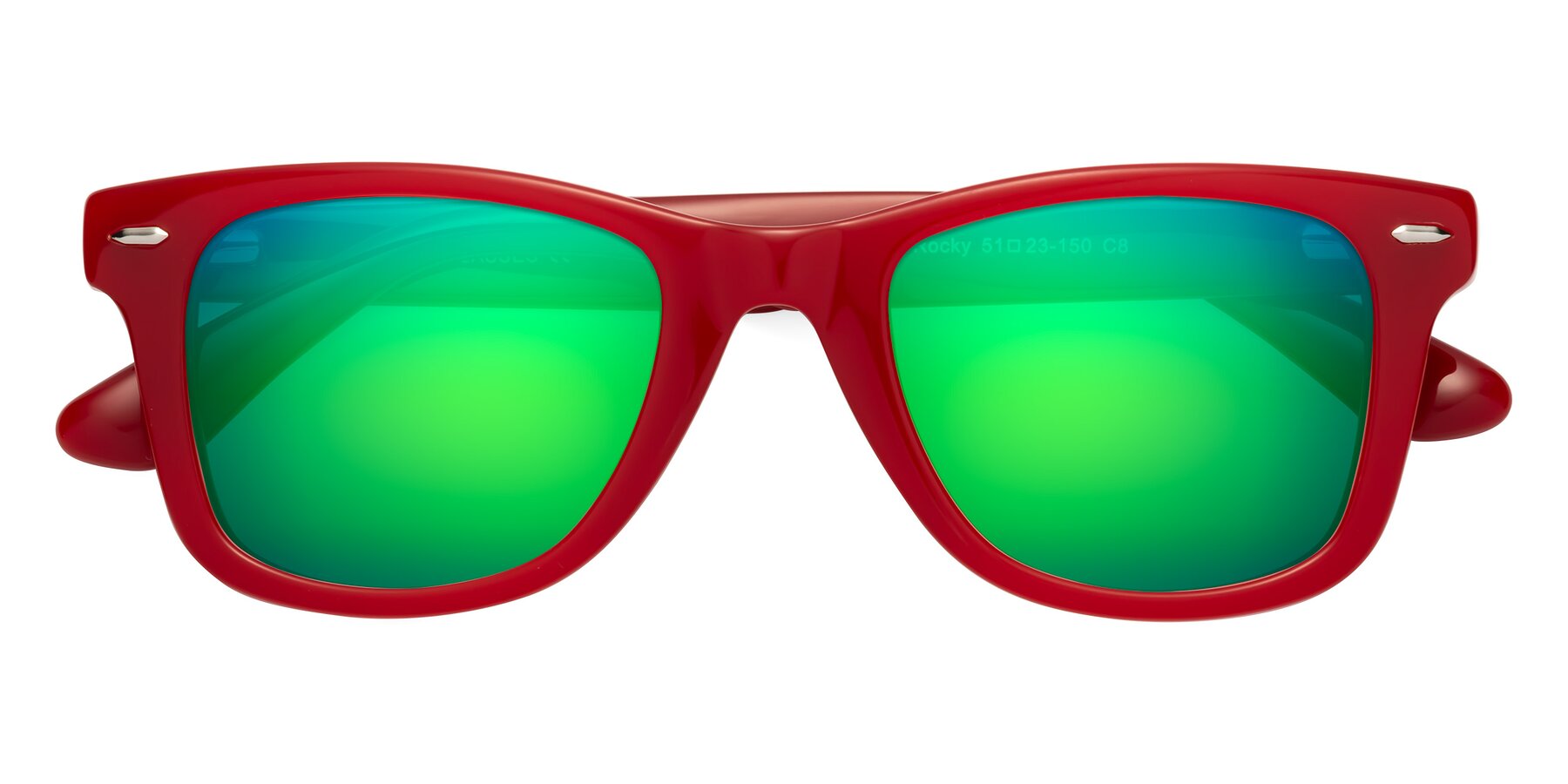 Folded Front of Rocky in Red with Green Mirrored Lenses