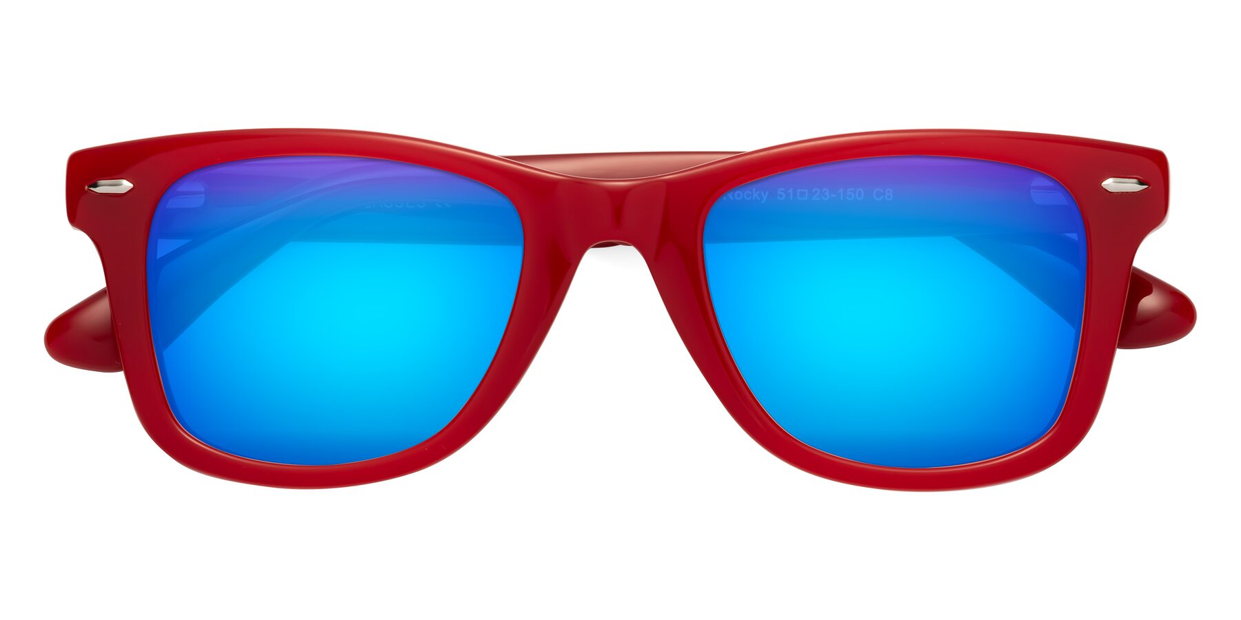 Folded Front of Rocky in Red with Blue Mirrored Lenses