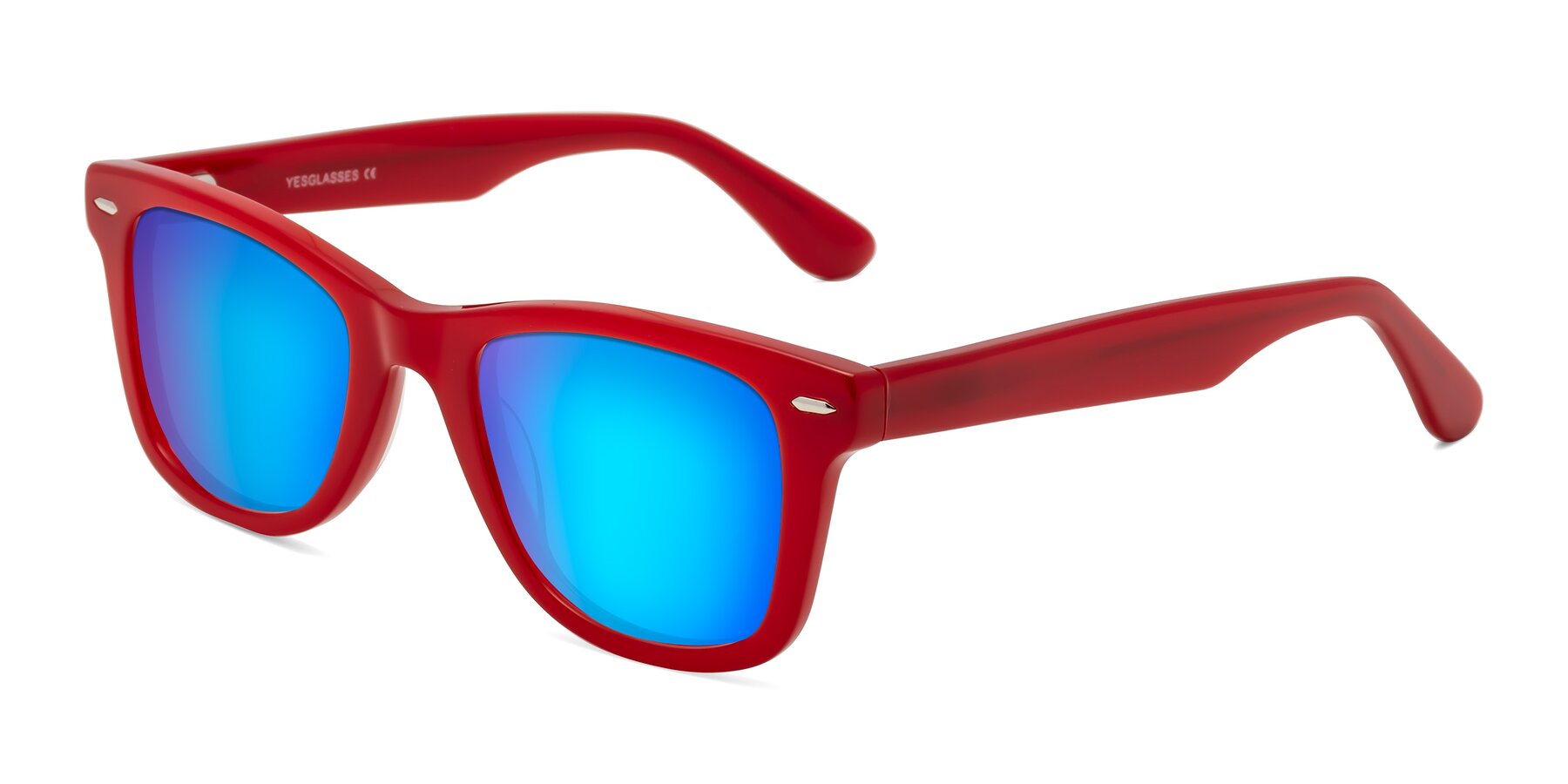 Angle of Rocky in Red with Blue Mirrored Lenses