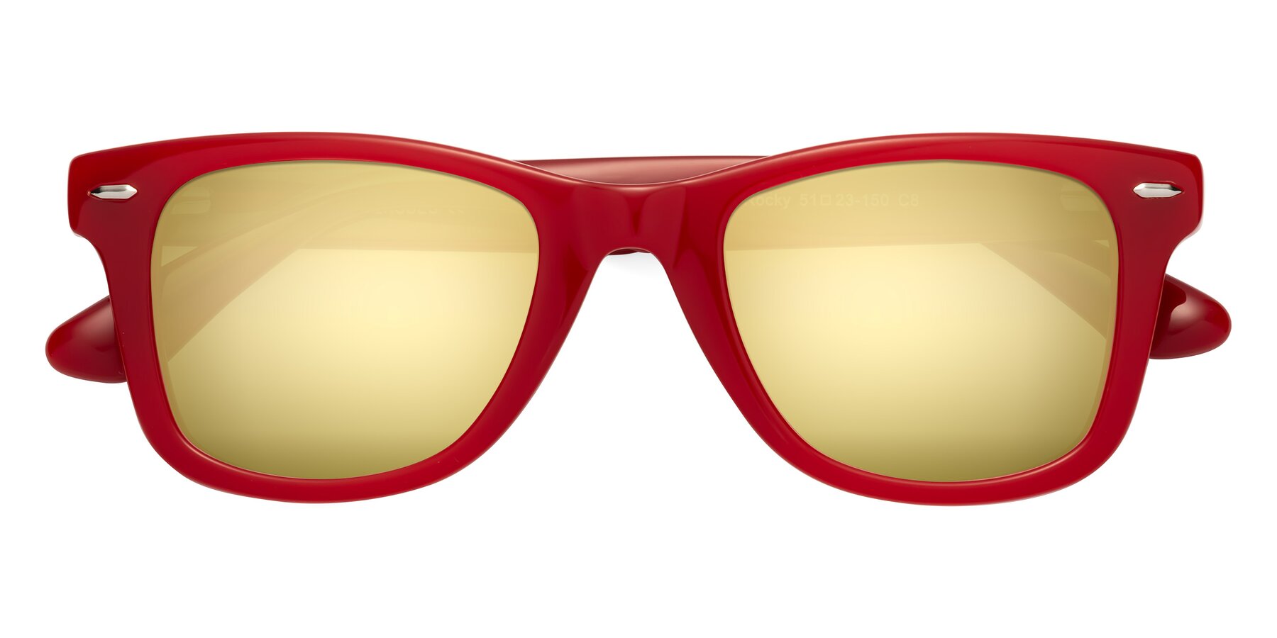 Folded Front of Rocky in Red with Gold Mirrored Lenses