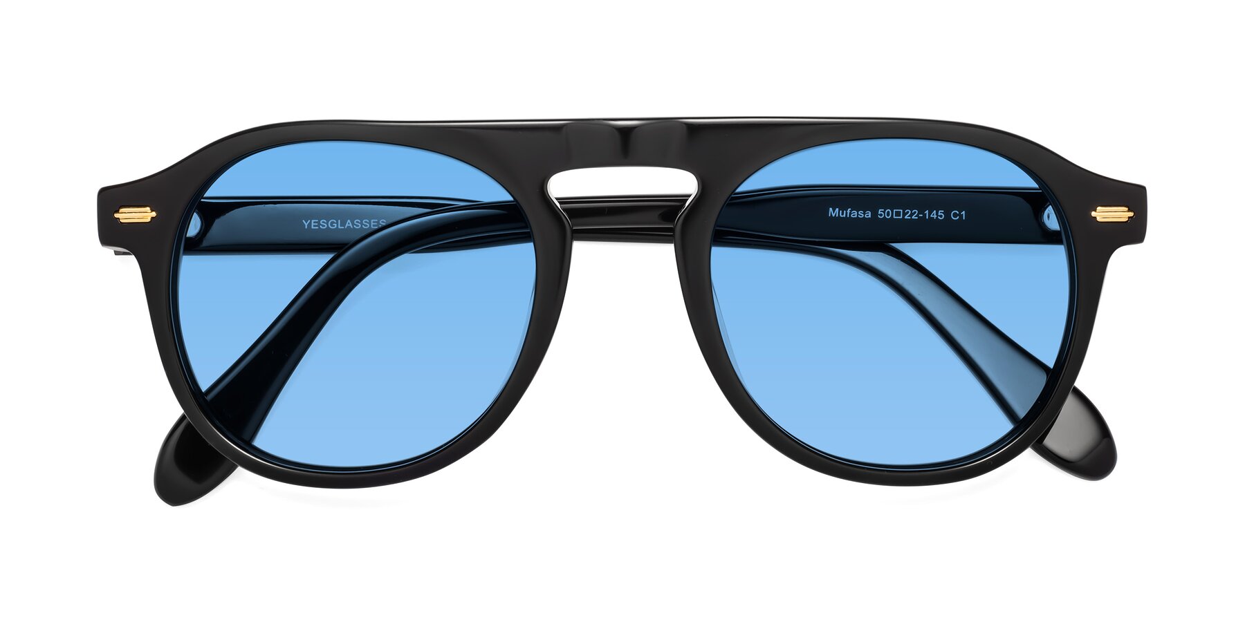 Folded Front of Mufasa in Black with Medium Blue Tinted Lenses