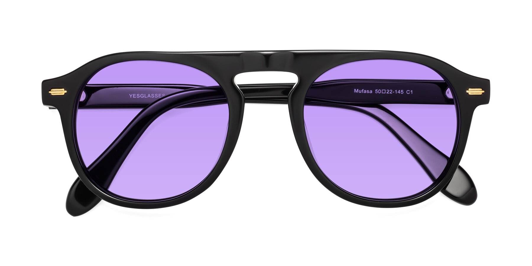Folded Front of Mufasa in Black with Medium Purple Tinted Lenses