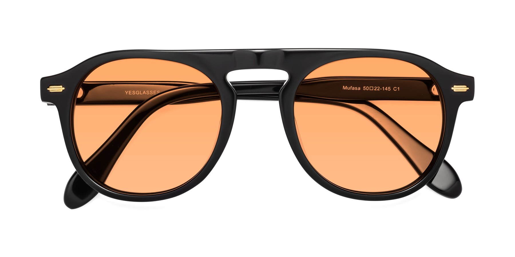 Folded Front of Mufasa in Black with Medium Orange Tinted Lenses