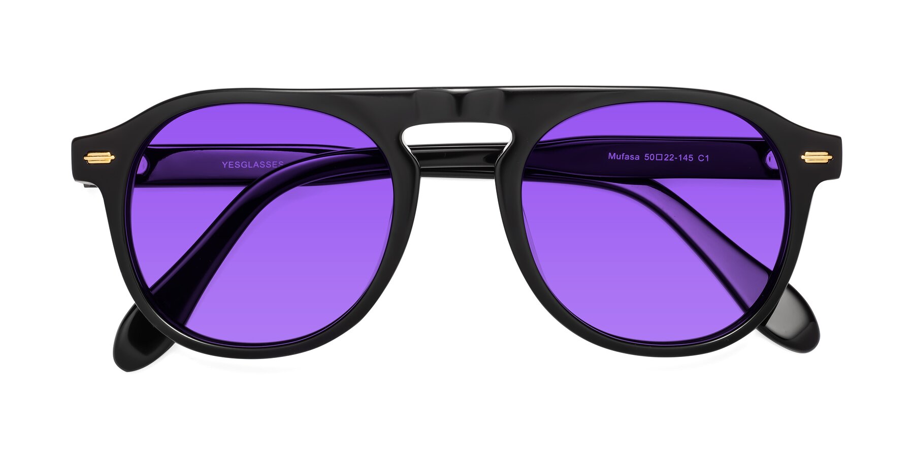 Folded Front of Mufasa in Black with Purple Tinted Lenses