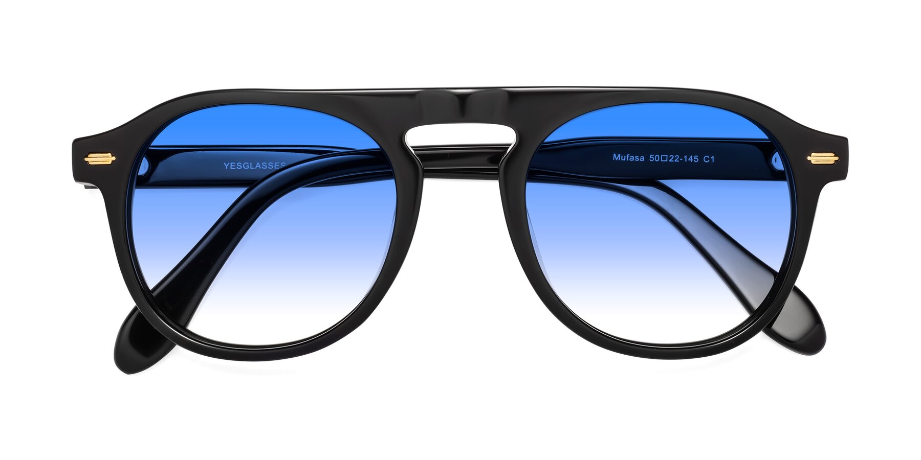 Folded Front of Mufasa in Black with Blue Gradient Lenses