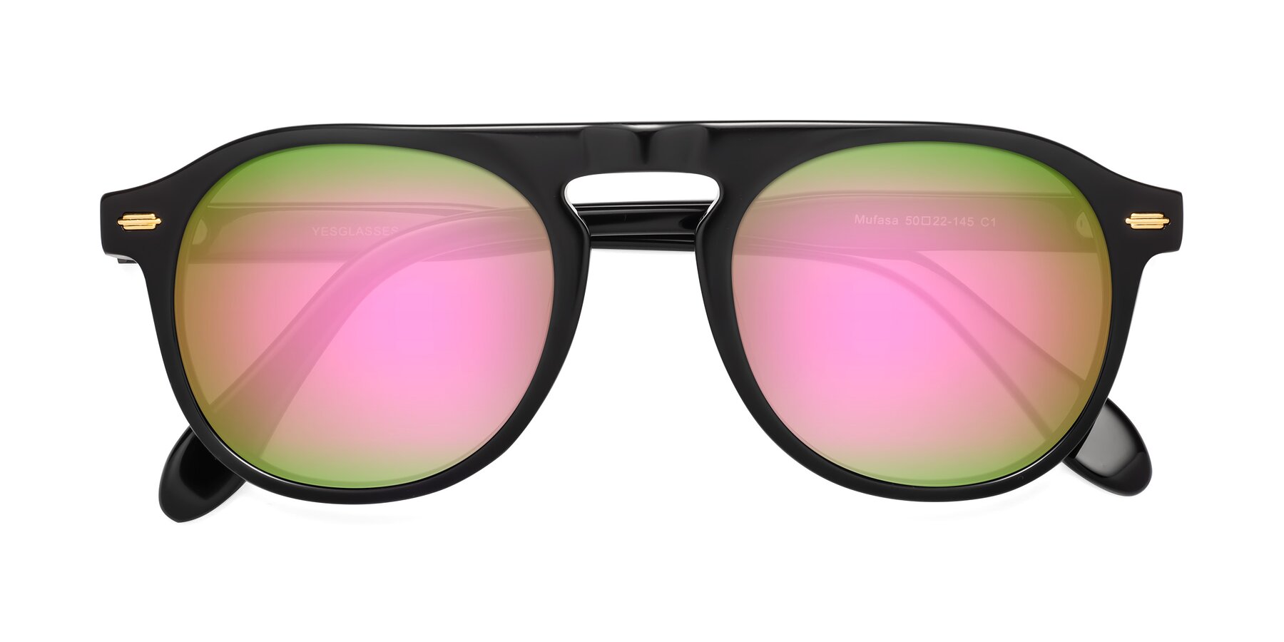 Folded Front of Mufasa in Black with Pink Mirrored Lenses