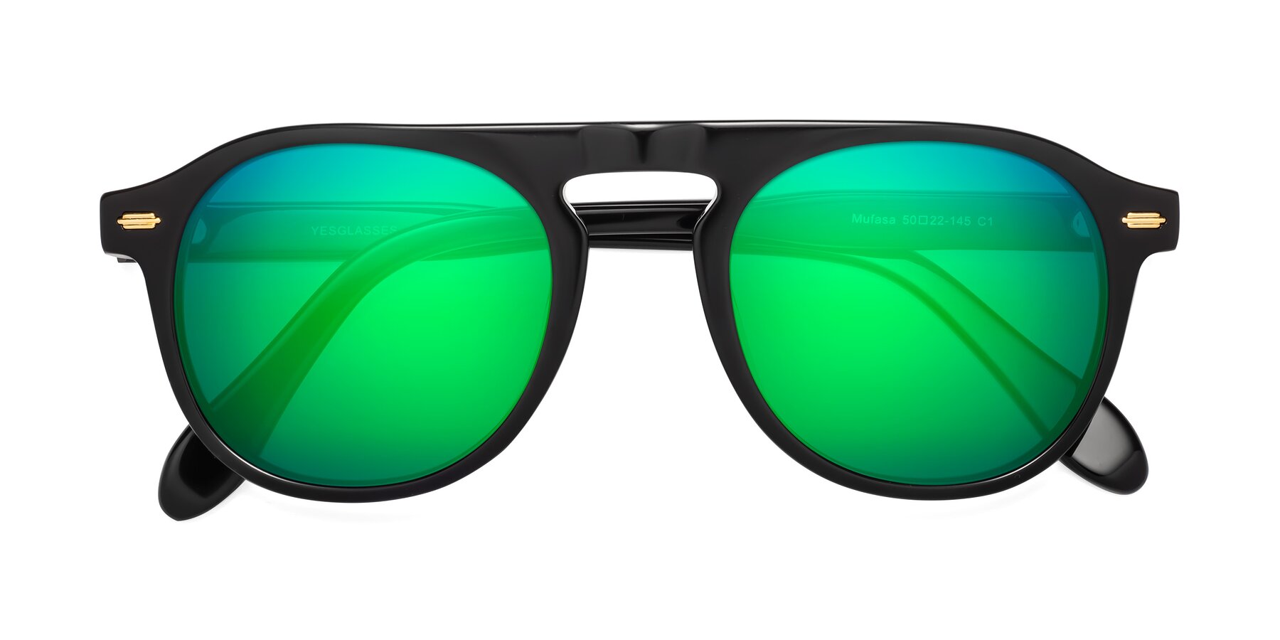 Folded Front of Mufasa in Black with Green Mirrored Lenses