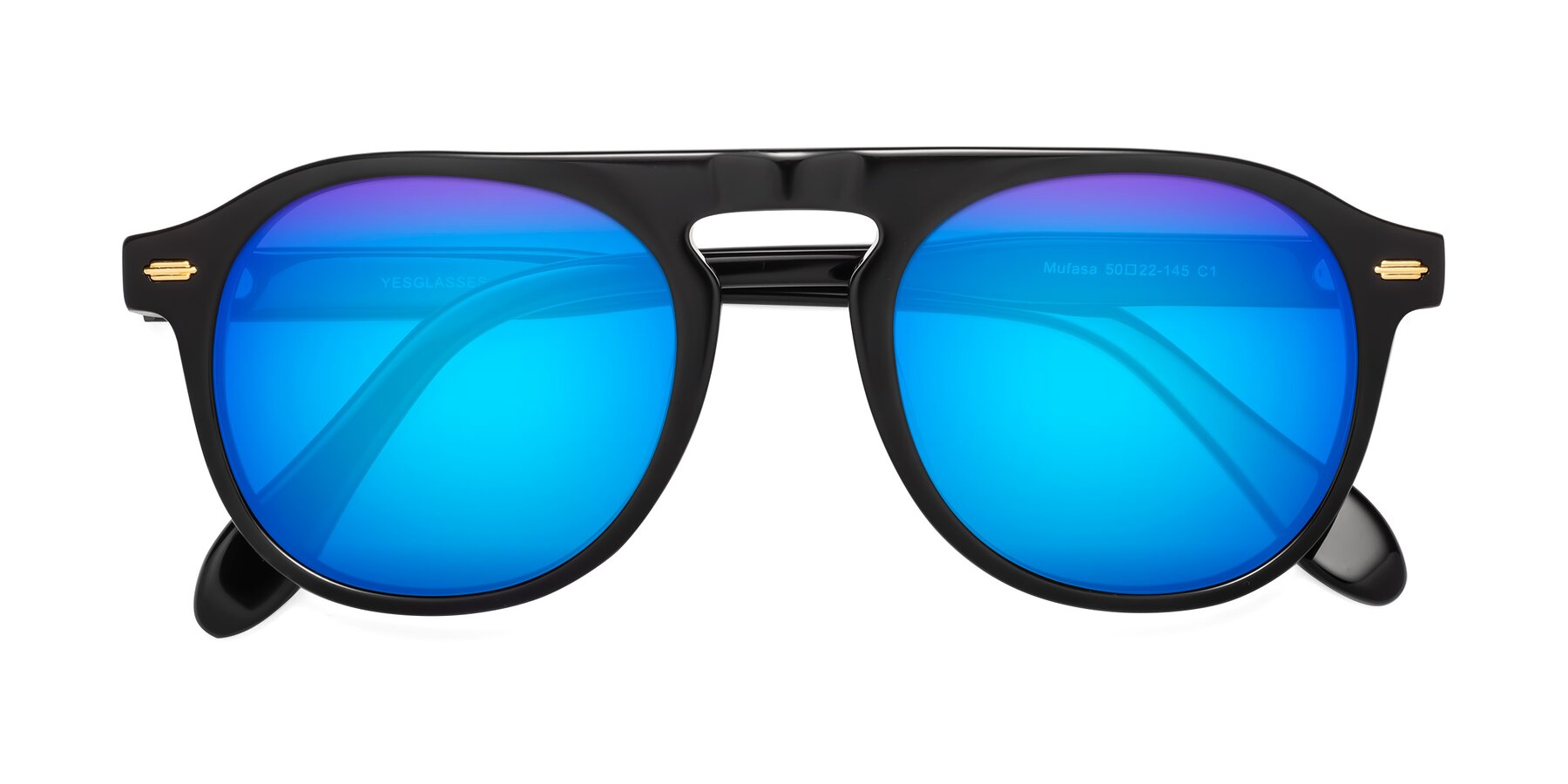 Folded Front of Mufasa in Black with Blue Mirrored Lenses