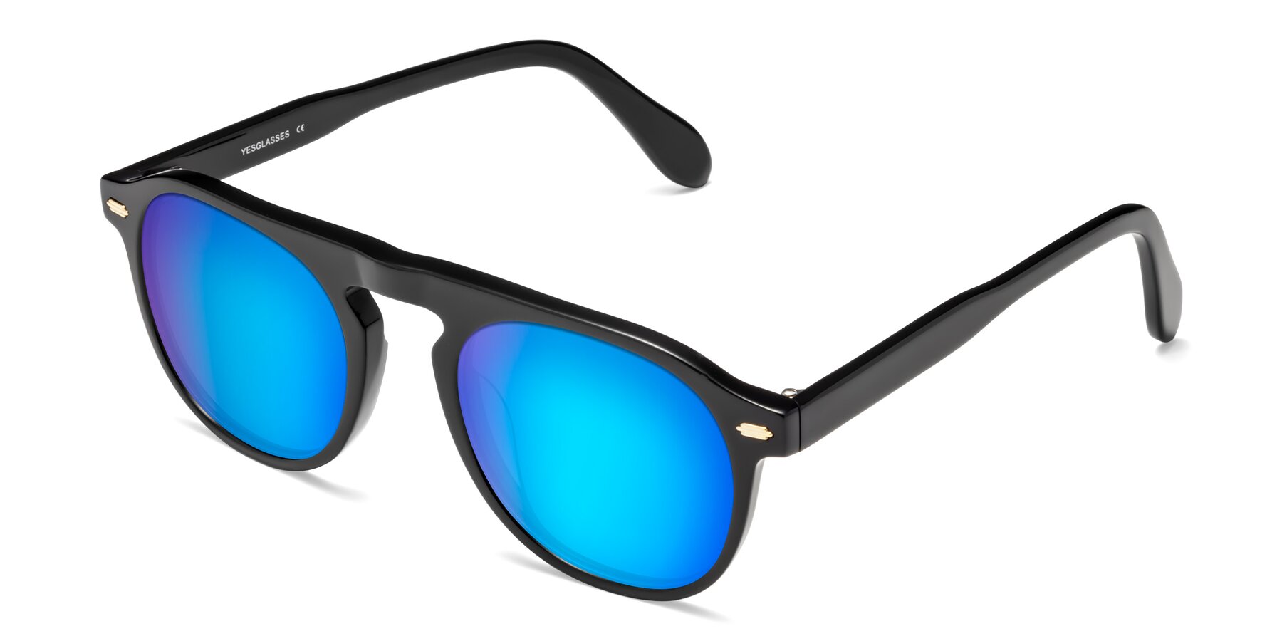 Angle of Mufasa in Black with Blue Mirrored Lenses