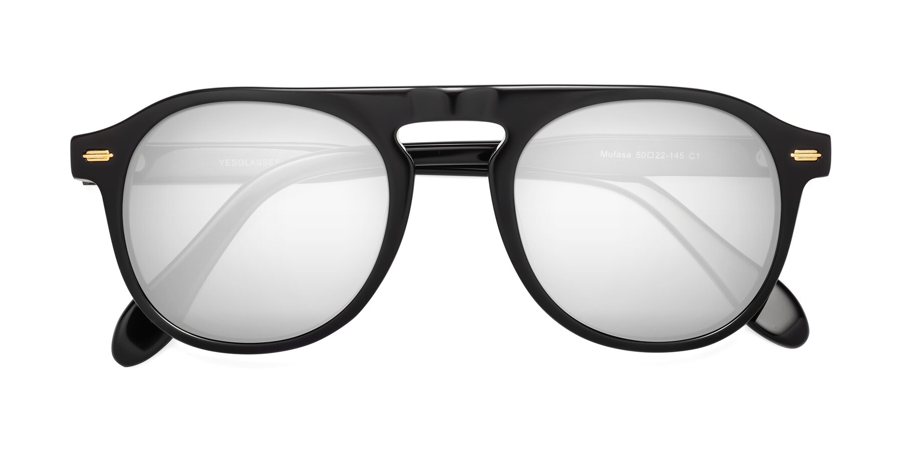 Folded Front of Mufasa in Black with Silver Mirrored Lenses