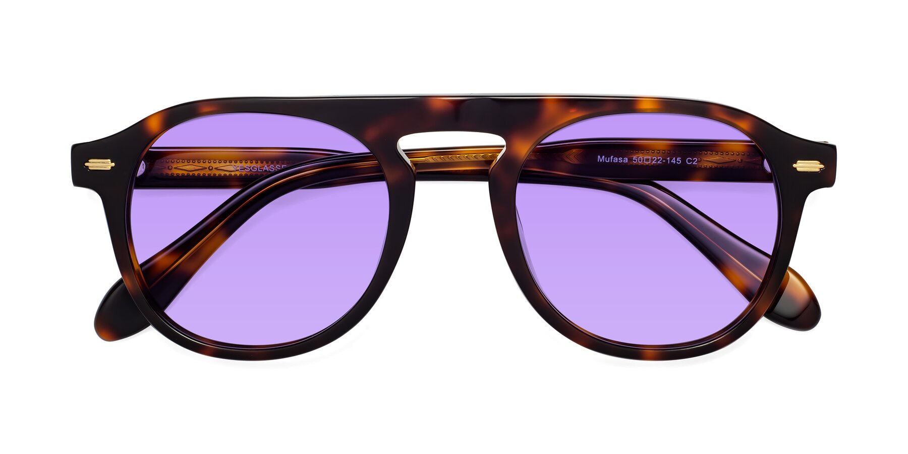 Folded Front of Mufasa in Tortoise with Medium Purple Tinted Lenses